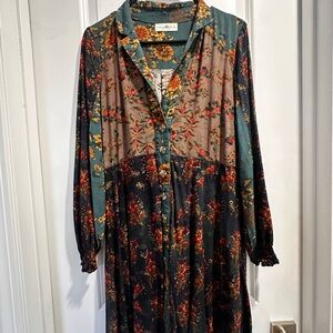 Natural Life Bohemian Floral Patchwork Shirt Dress - Teal, Navy & Taupe